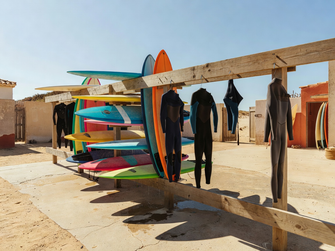 Wooden surfboard racks stocked with colourful mid-length boards and drying wetsuits in a sunny surf camp courtyard