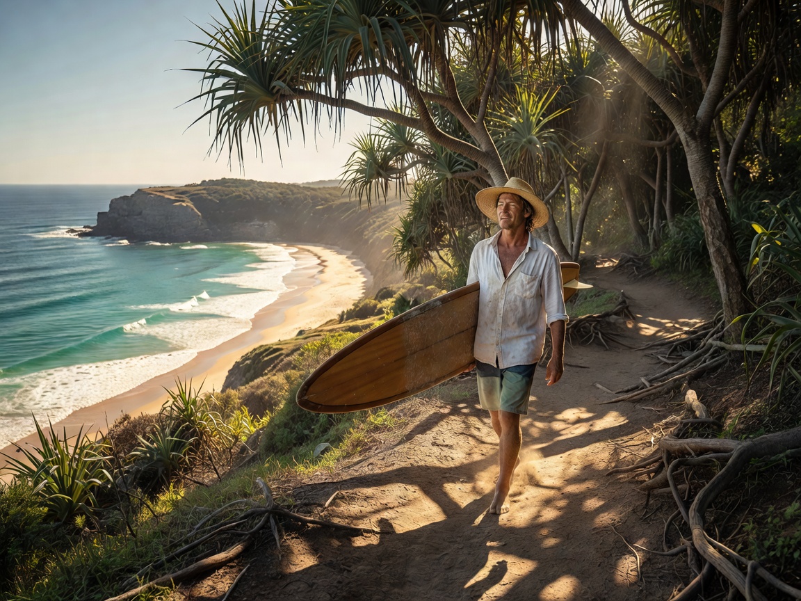 Surfer carrying a single-fin longboard along a shaded coastal pandanus path overlooking Crescent Head point in Australia