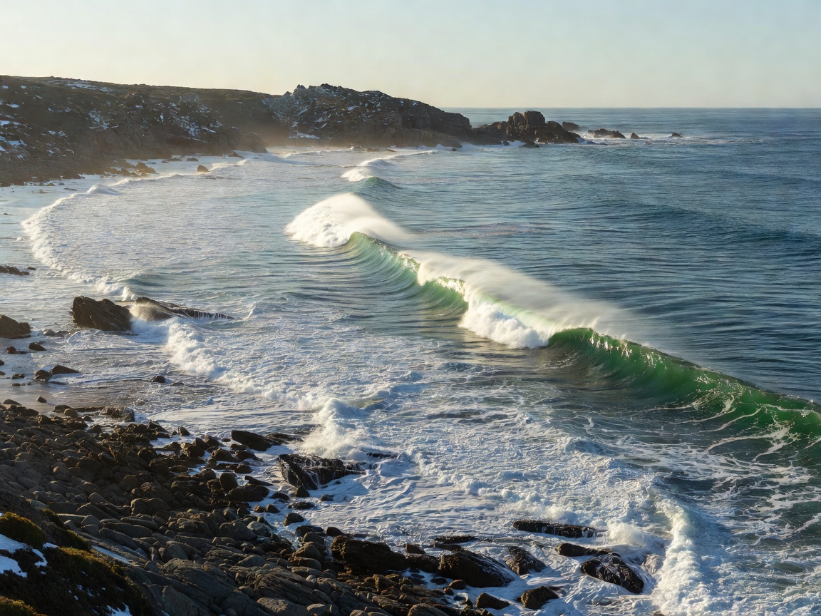 Long peeling right-hand waves breaking along a rocky point in Jeffreys Bay under crisp winter morning light