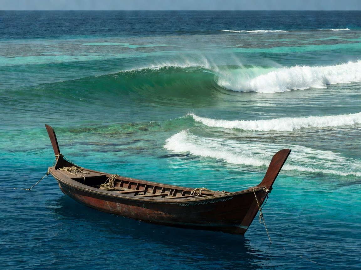Traditional Maldivian dhoni boat anchored in a deep blue channel beside a clean right-hand reef break