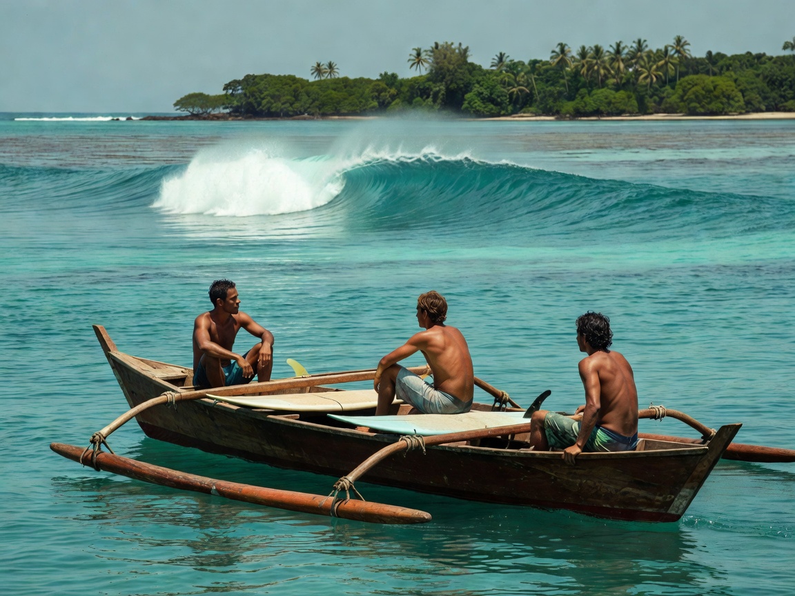Three surfers sitting in a wooden outrigger boat with surfboards watching a turquoise reef wave break in the Mentawai Islands