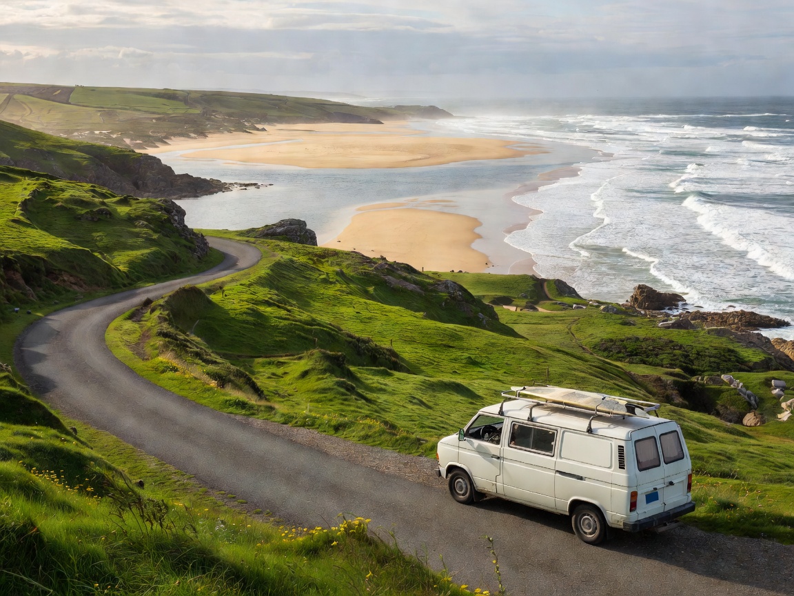 Campervan parked on a green hillside road overlooking a winding sandy river mouth and ocean waves in Northern Spain