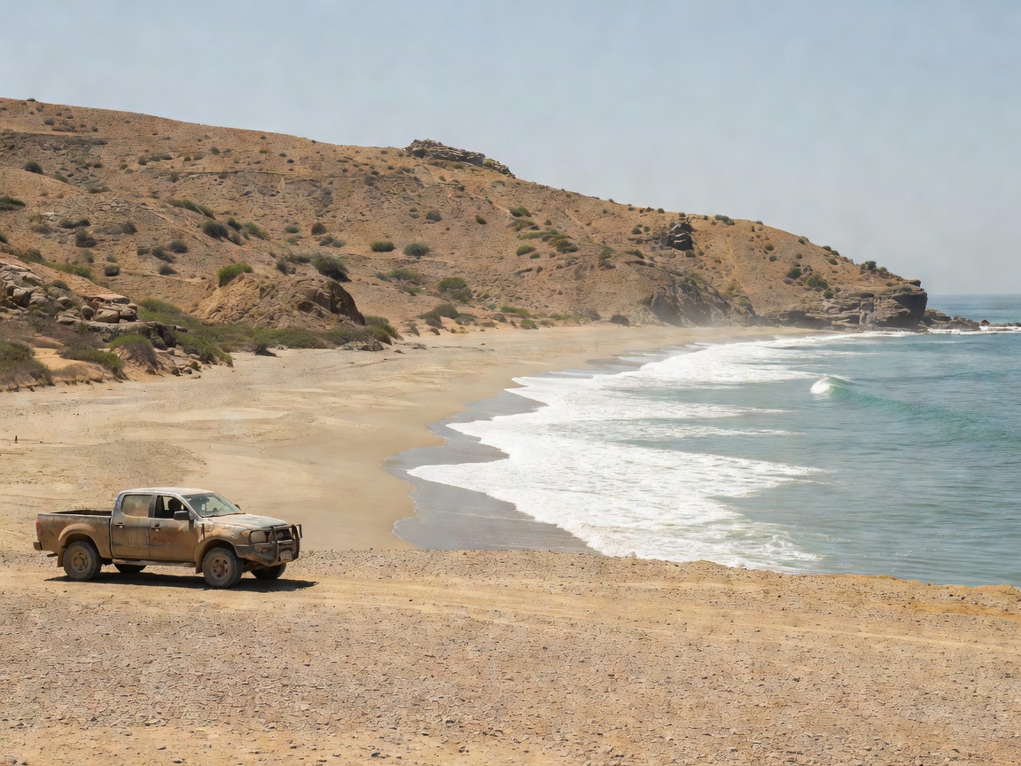 Four-wheel-drive truck parked beneath arid coastal hills beside a long sand-bottom right-hand point break in Oaxaca