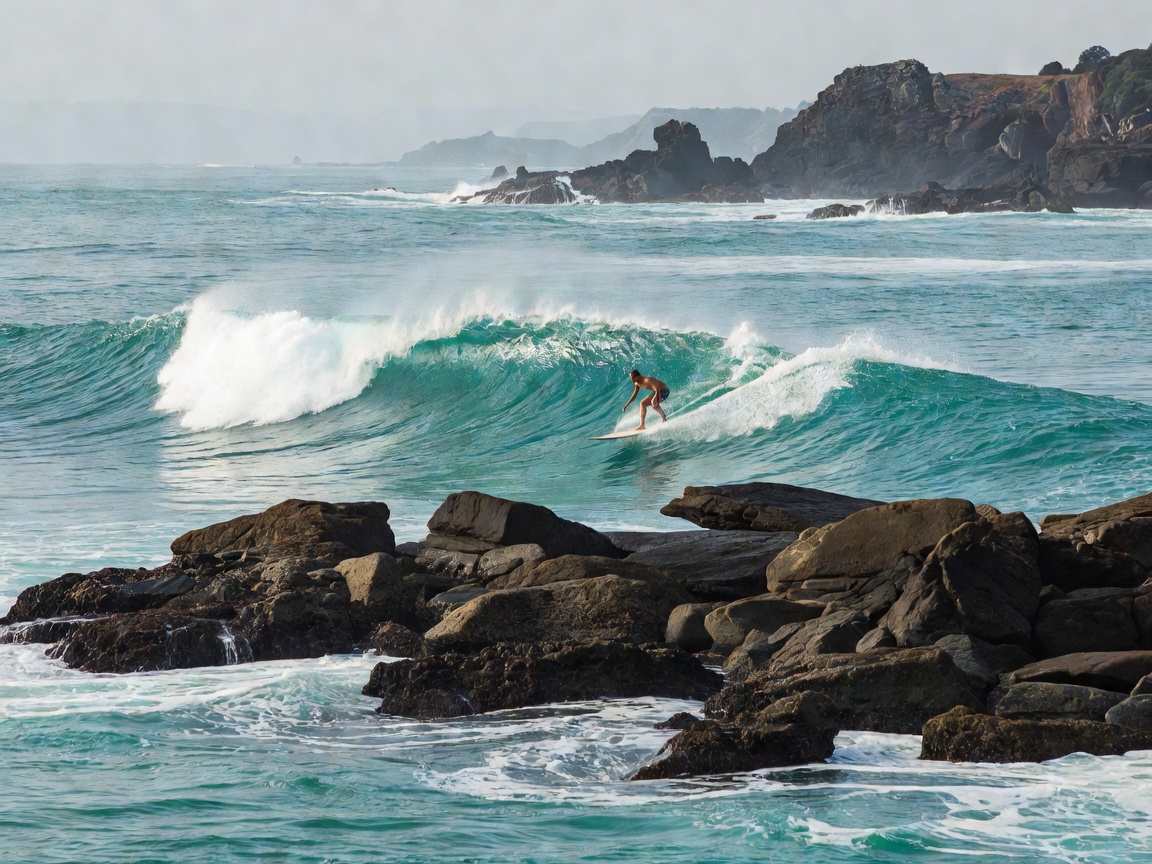 Surfer riding a long left-hand wave past dark volcanic boulders at Manu Bay in Raglan New Zealand