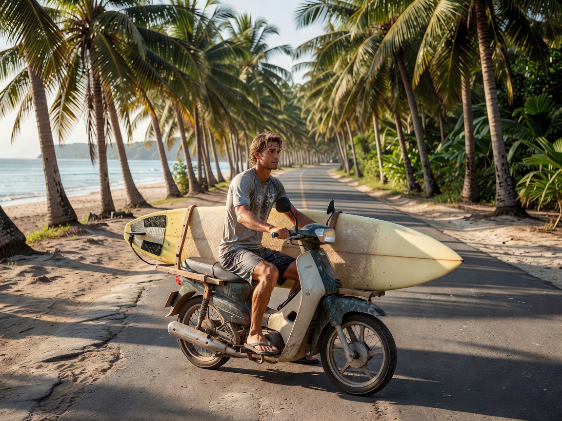 Surfer riding a scooter fitted with side surfboard racks along a quiet palm-lined road in Siargao after morning surf