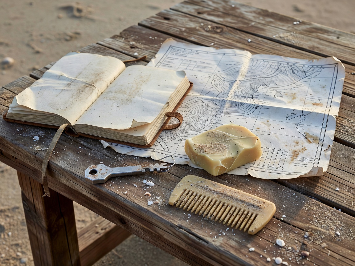 Weathered travel notebook open beside a tide chart, surf wax, and fin key on a wooden camp table