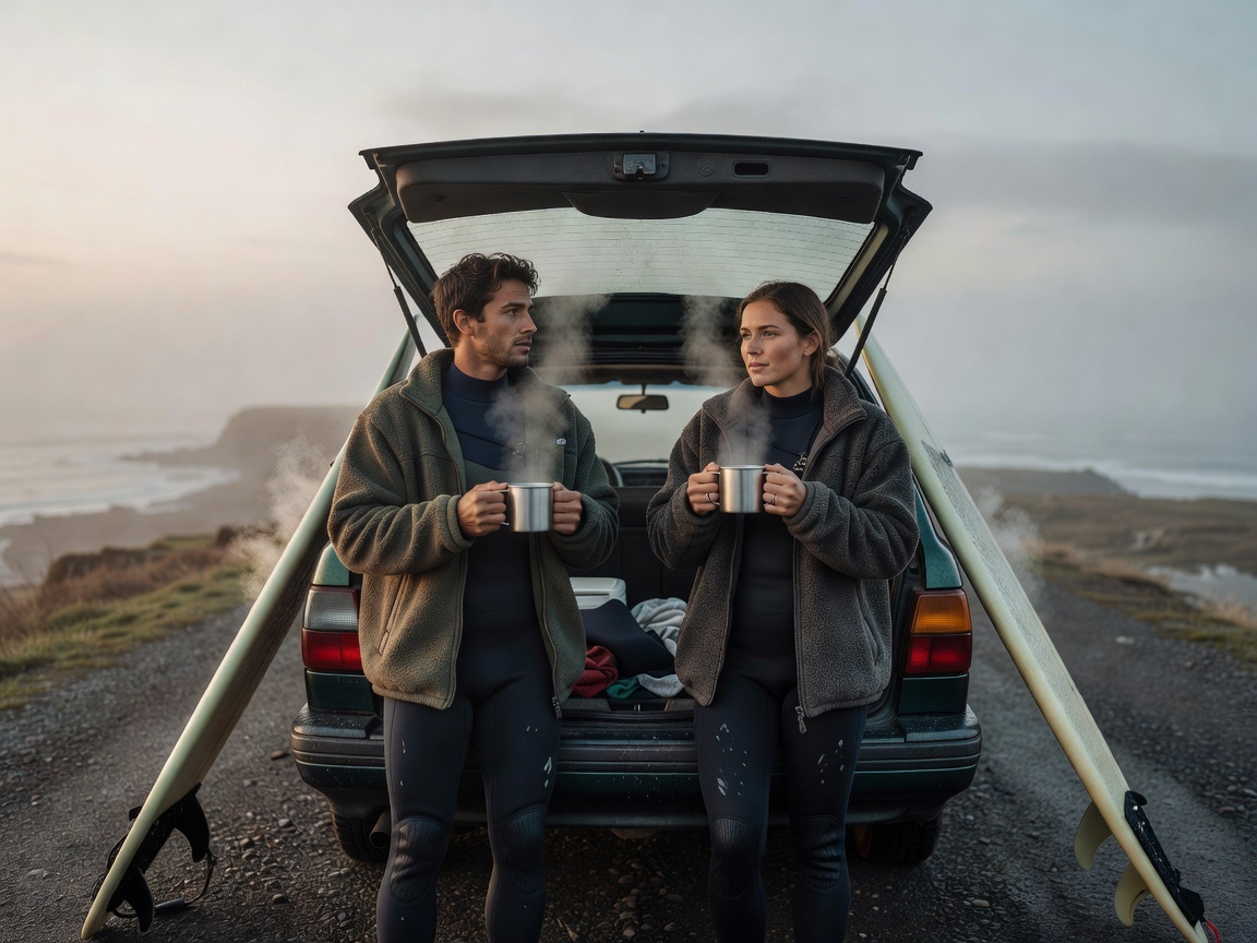 Two surfers drinking coffee from metal mugs beside the open tailgate of an estate car after a cold-water morning session