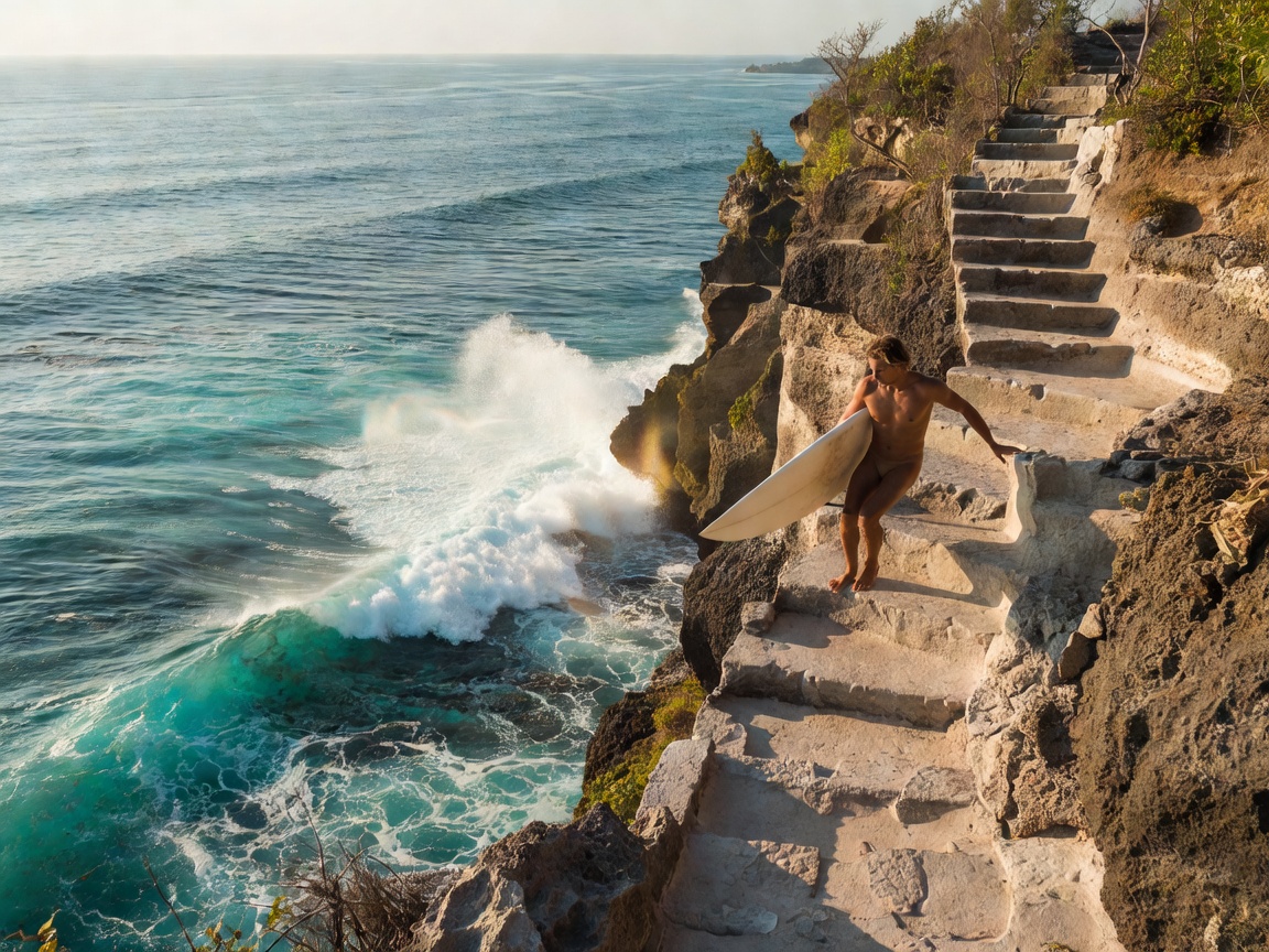 Surfer carrying a shortboard walking down narrow limestone cliff steps overlooking turquoise reef waves in Bali